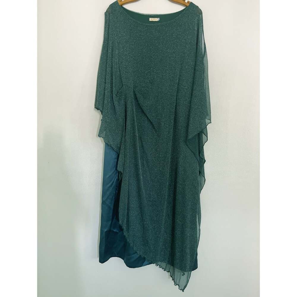 ZOMYA Dress Womens XL Green Glitter Chiffon Kaftan 3/4 Sleeve Asymmetric Formal